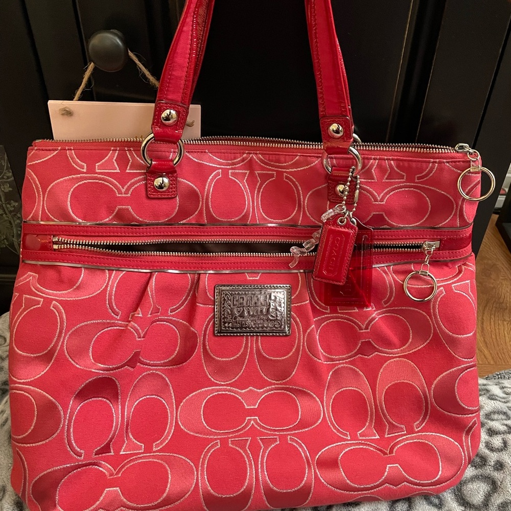 Coach Vintage Poppy Red and Silver Signature Tote